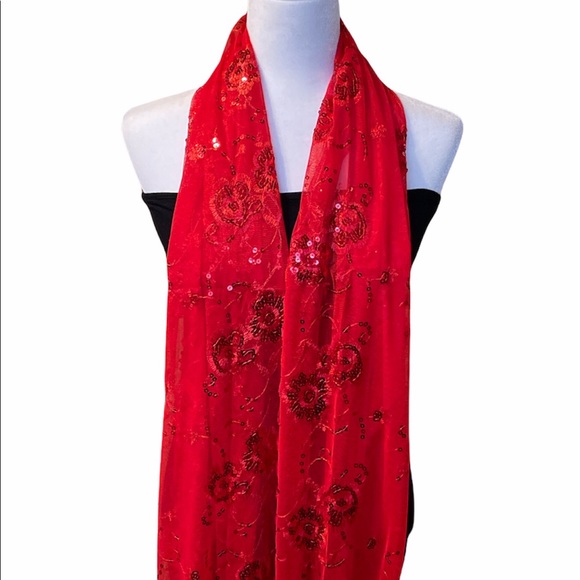 RED Glittering Sequin Fringed Evening Scarf/Shawl Wrap - Picture 2 of 5